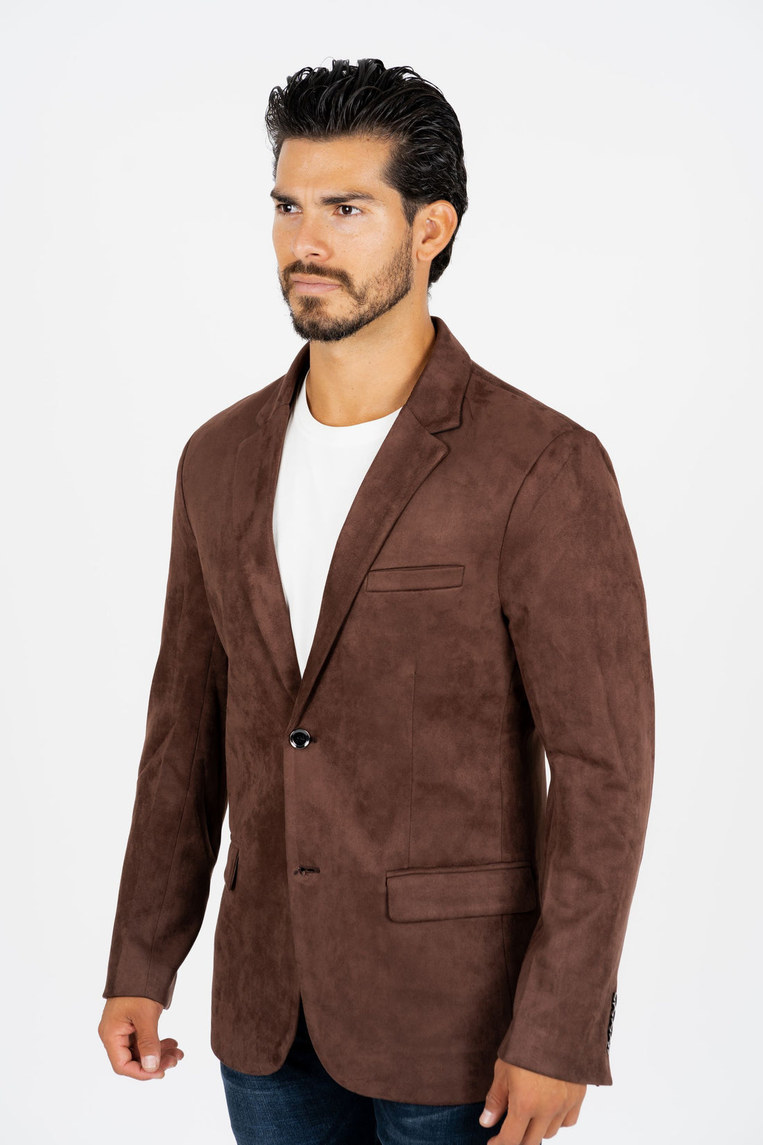 BLZ8859 MEN'S DOUBLE BUTTON BROWN FAUX- SUEDE BLAZER
