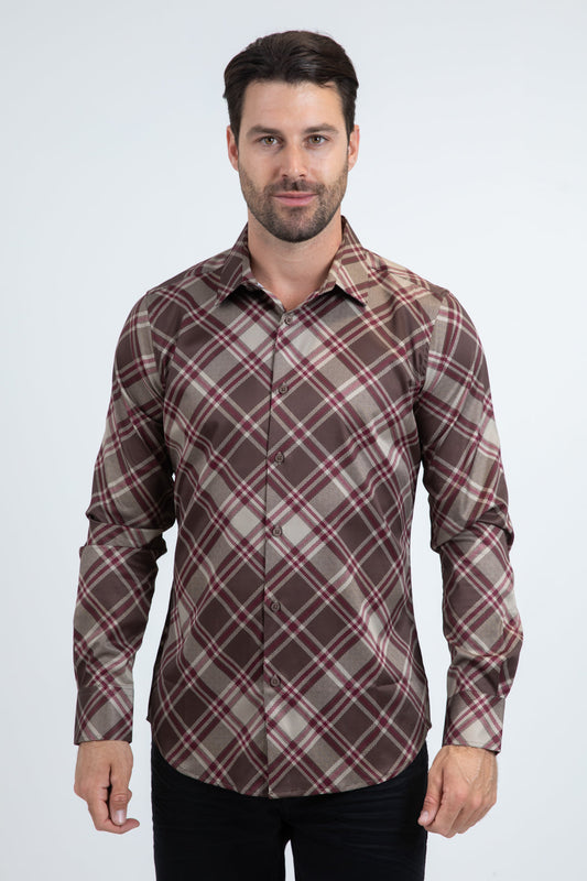 CHL11235 MENS CHECKERED LONG SLEEVE BROWN SHIRT