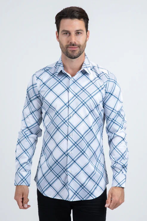 CHL11232 MENS CHECHERED LONG SLEEVE WHITE SHIRT