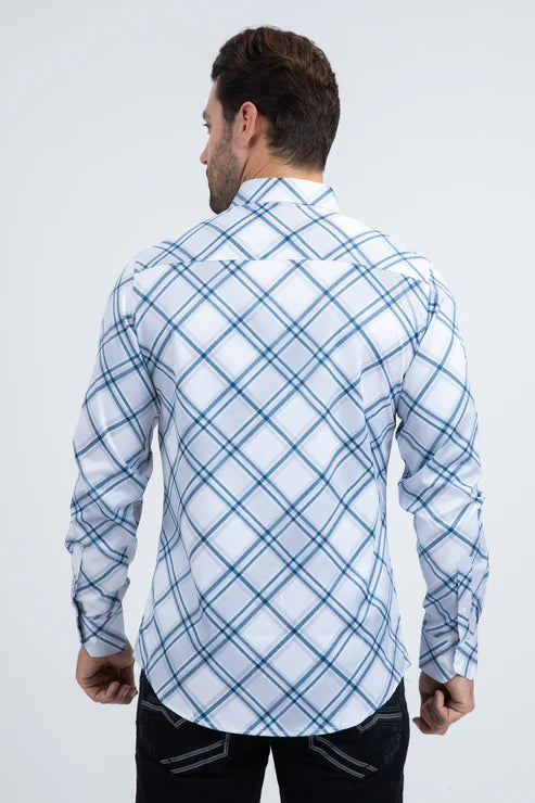CHL11232 MENS CHECHERED LONG SLEEVE WHITE SHIRT