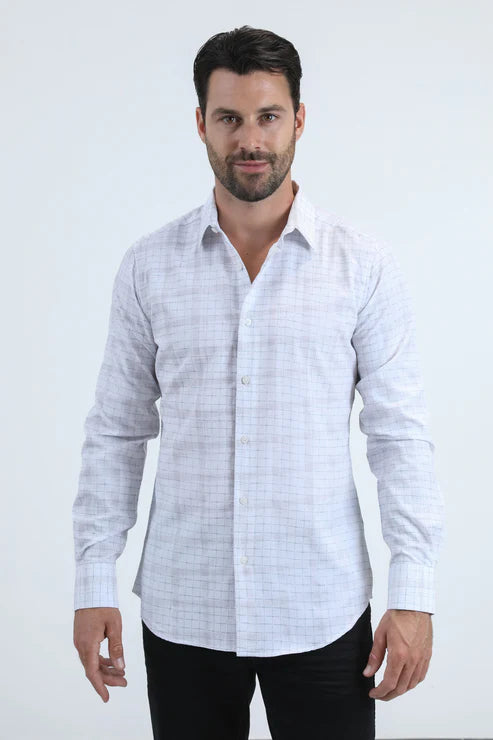 MFL11182 MEN'S FLOCKED MODERN FIT SPANDEX WHITETEAL SHIRT
