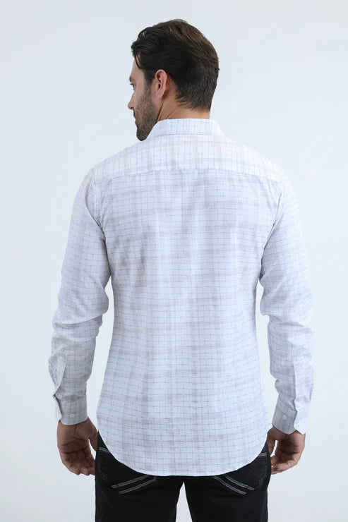 MFL11182 MEN'S FLOCKED MODERN FIT SPANDEX WHITETEAL SHIRT