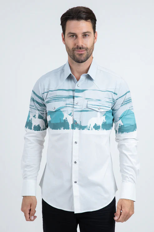 AZL11084 MEN'S MODERN FIT COTTON STRETCH RODEO PANORAMIC PRINT WHITE SHIRT