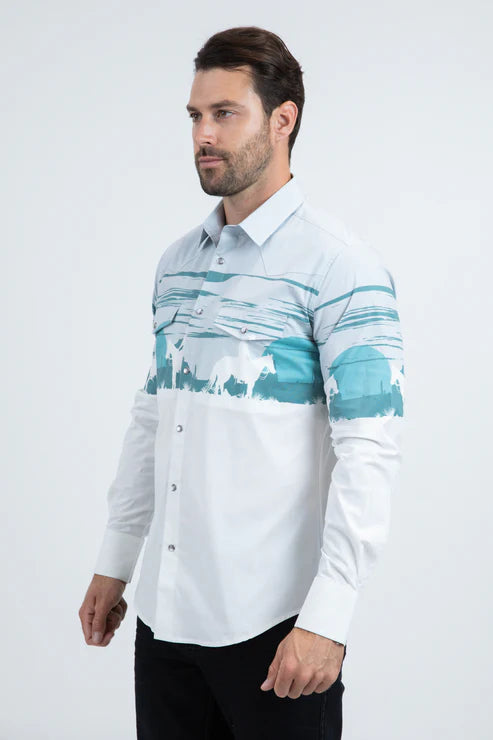 AZL11084 MEN'S MODERN FIT COTTON STRETCH RODEO PANORAMIC PRINT WHITE SHIRT