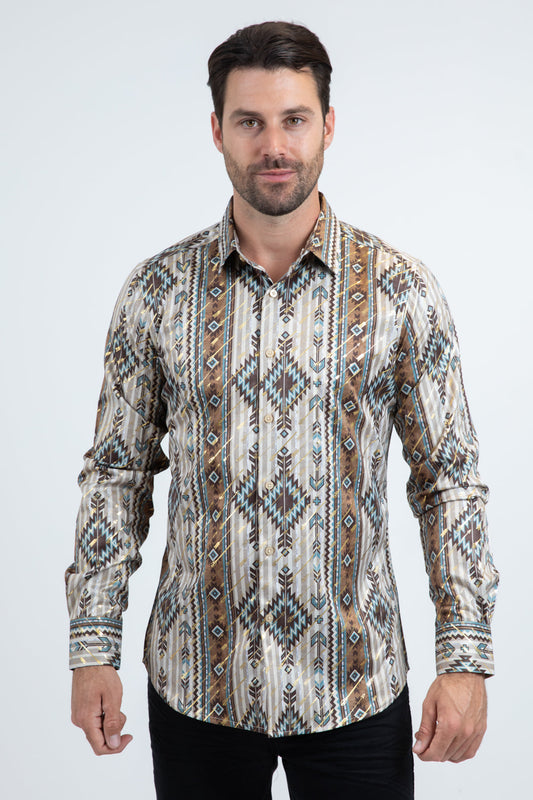 FPL11283 MENS MODERN FIT STRETCH FOIL FASHION BEIGE SHIRT