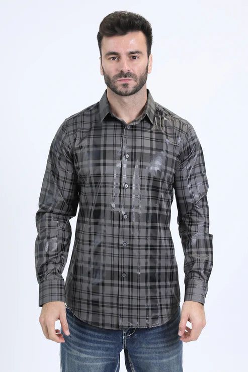 FPL10709 MENS MODERN FIT STRETCH FOIL FASHION GREY SHIRT