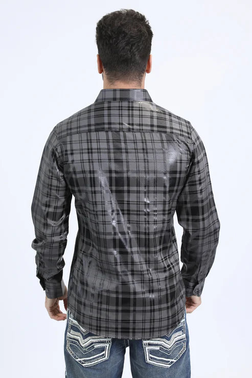 FPL10709 MENS MODERN FIT STRETCH FOIL FASHION GREY SHIRT