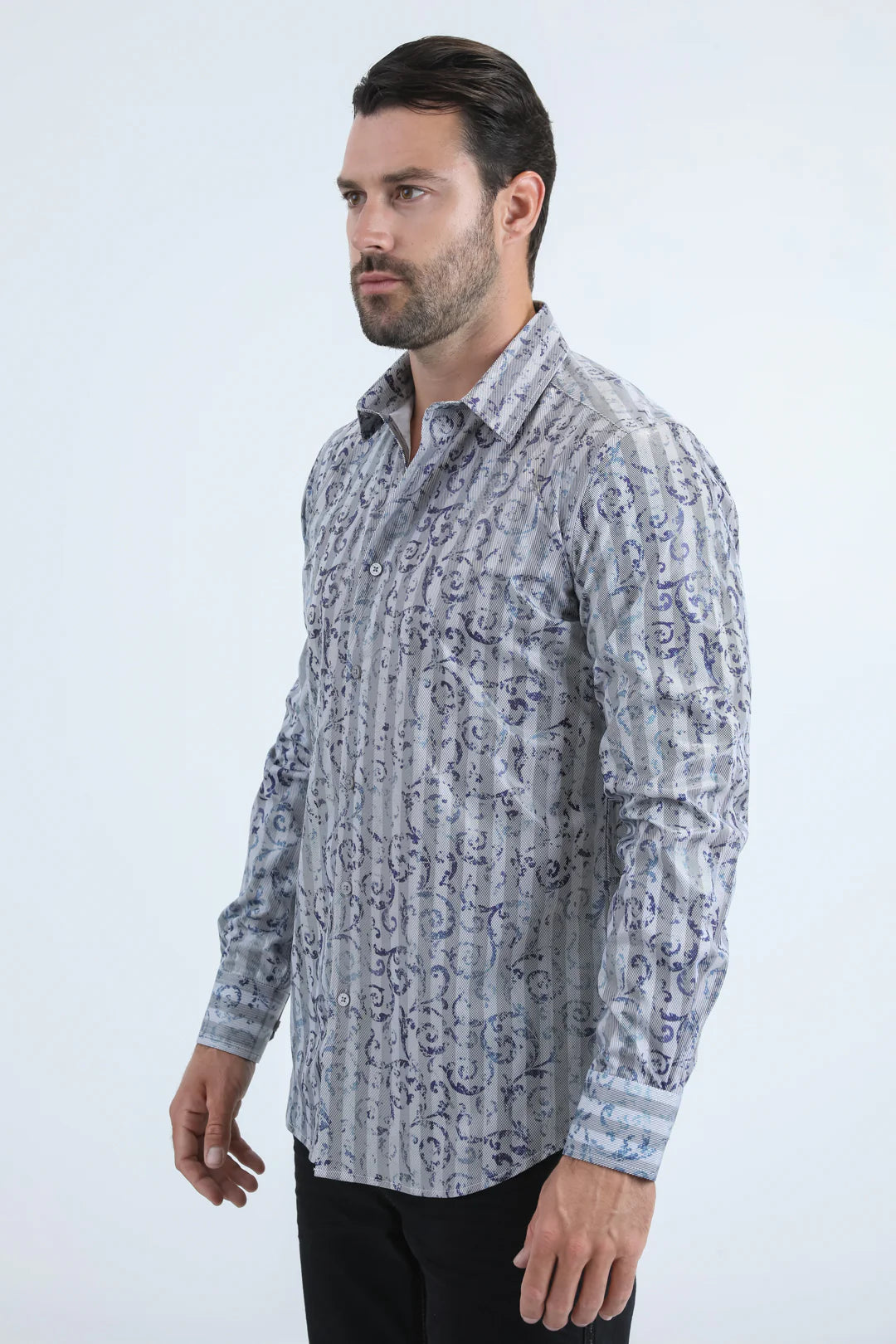 FPL10969 MENS MODERN FIT STRETCH FOIL FASHION GREY SHIRT
