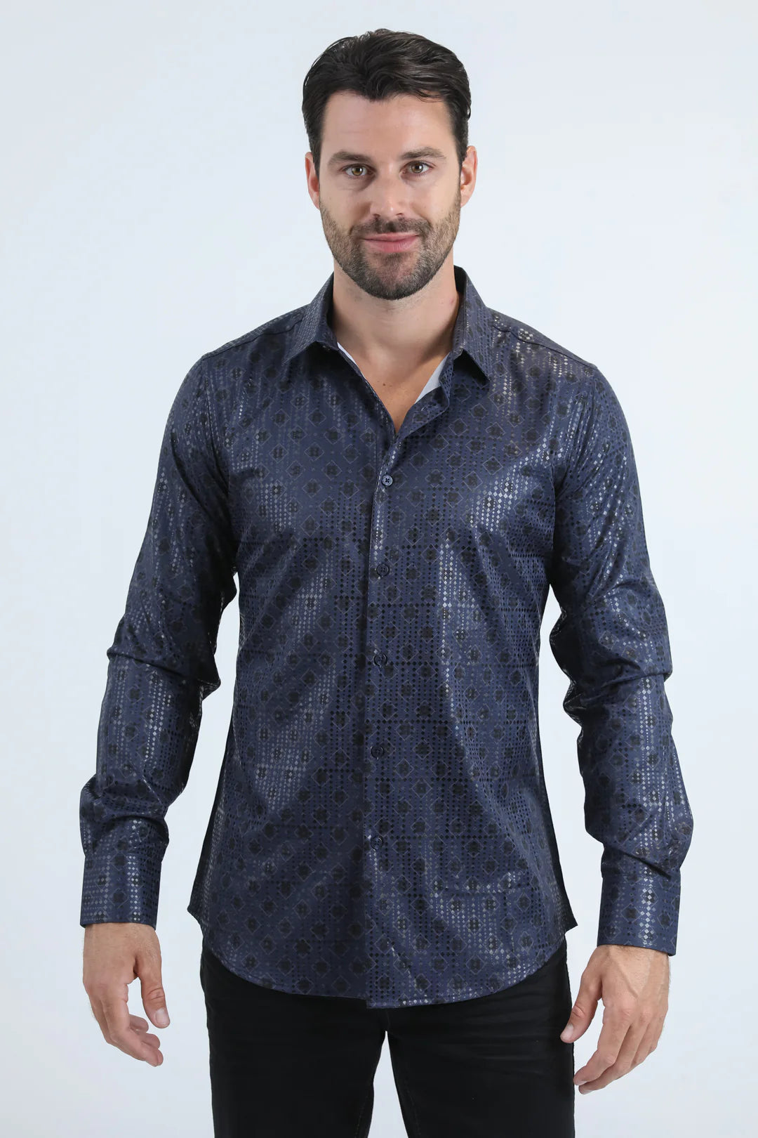 FPL10956 Mens Modern Fit Stretch Foil Fashion Navy Shirt