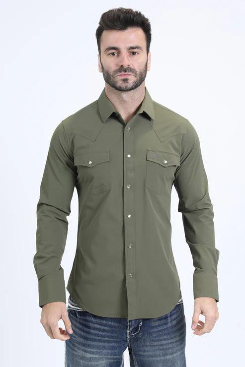 PWL10834 MEN'S PERFORMANCE WESTERN LONG SLEEVE GREEN SHIRT