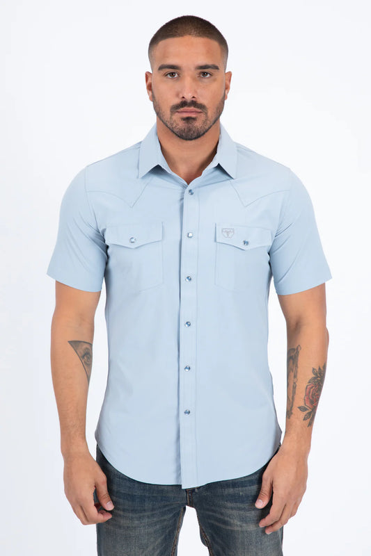 PWS11539 Men's Performance Western Short Sleeve Blue Shirt
