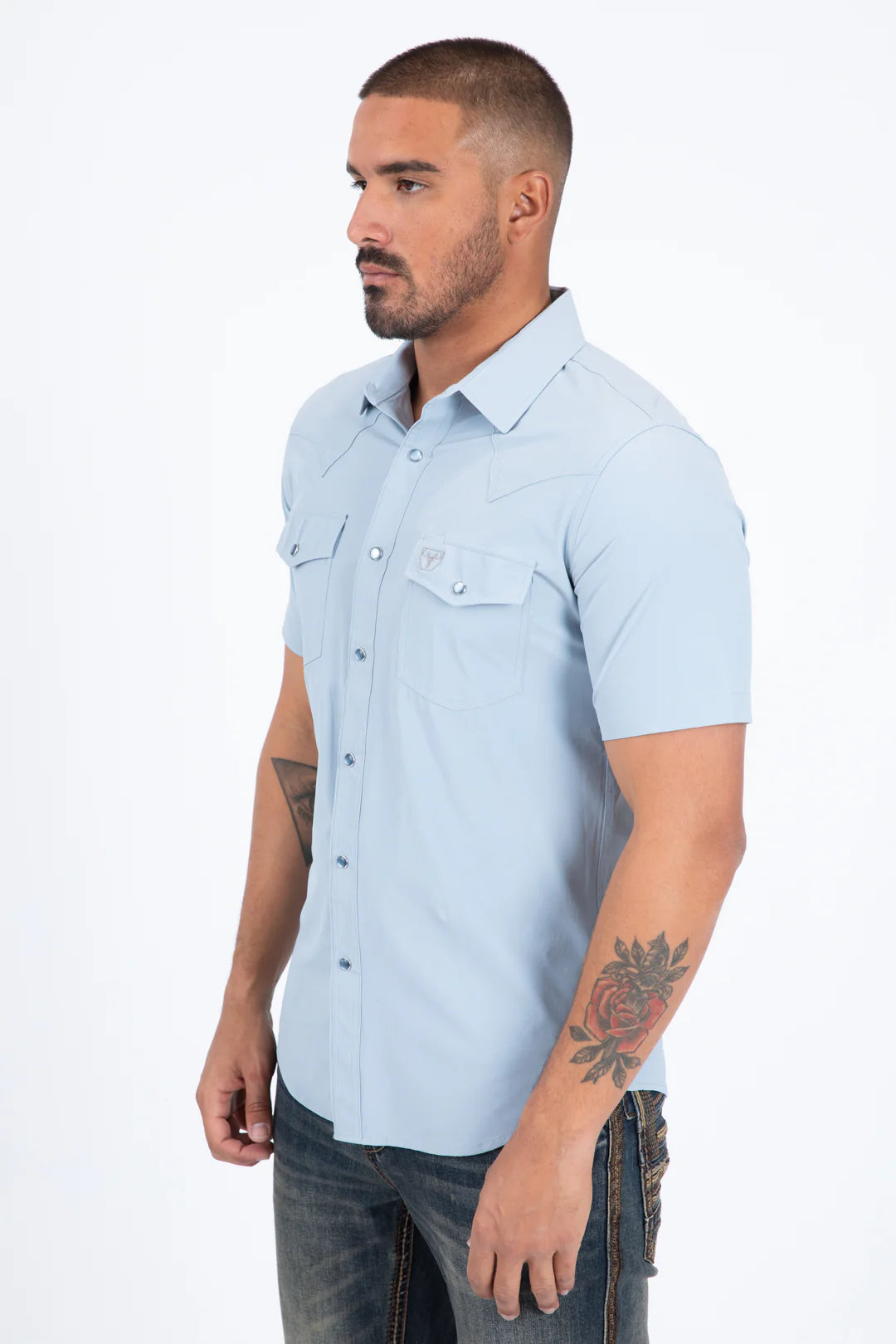 PWS11539 Men's Performance Western Short Sleeve Blue Shirt