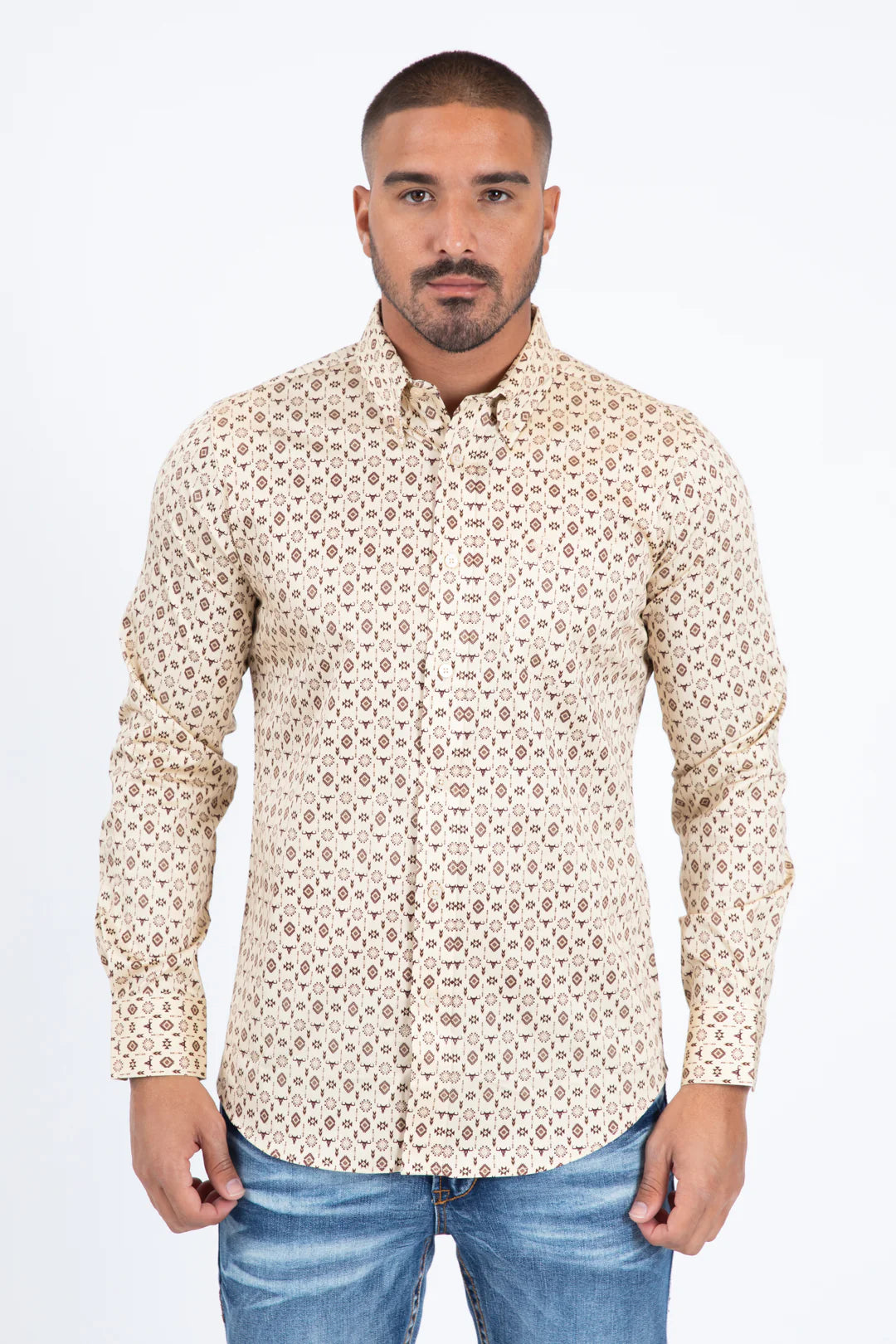 CWL11342 Mens Satin Cotton Modern Fit Beige Long Sleeve Shirt