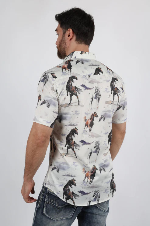 CWS9883 MEN'S SHORT SLEEVE MODERN FIT STRECH WILD HORSES PRINT SHIRT